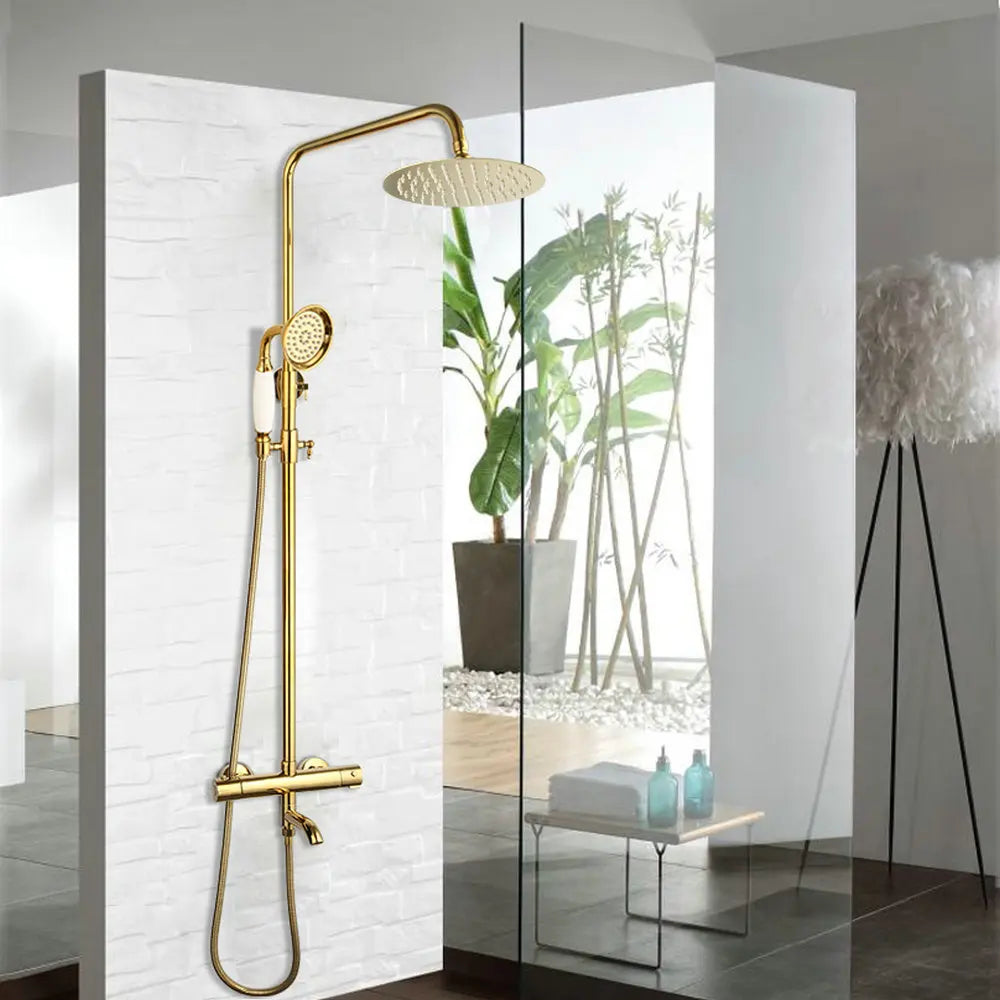 Afralia™ Gold Plated Thermostatic Shower Faucet Set with 8" Rainfall Head