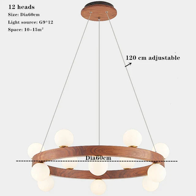Afralia™ Round Glass Solid Wood Walnut Chandelier, Elegant Pendant Light for Living Dining Bedroom