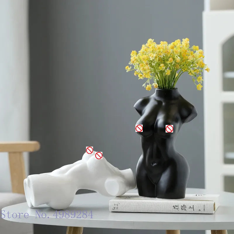 Afralia™ Abstract Nude Female Ceramic Vase Black White Home Decor Ornament