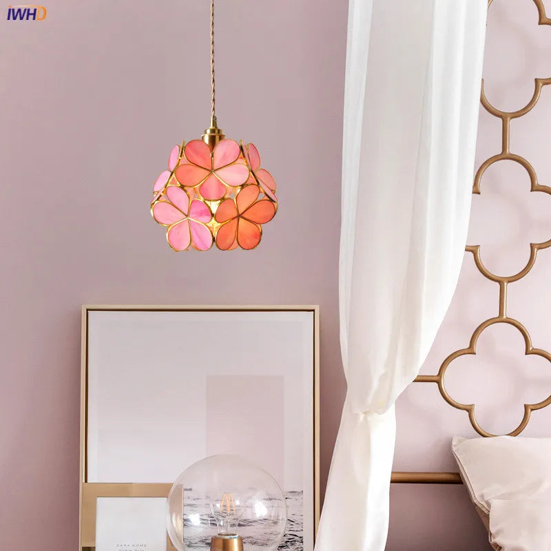 Afralia™ Nordic Flower Copper Glass LED Pendant Light for Bedroom Dinning Living Room