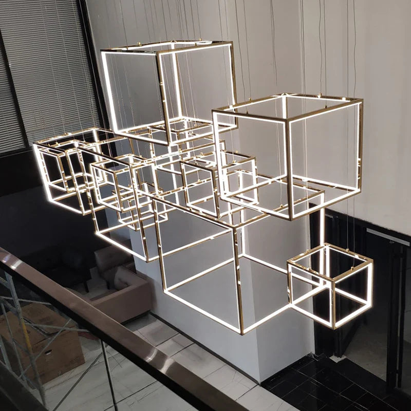 Afralia™ Luxury Golden Square LED Chandelier | Modern Art Design for Living Room Lobby