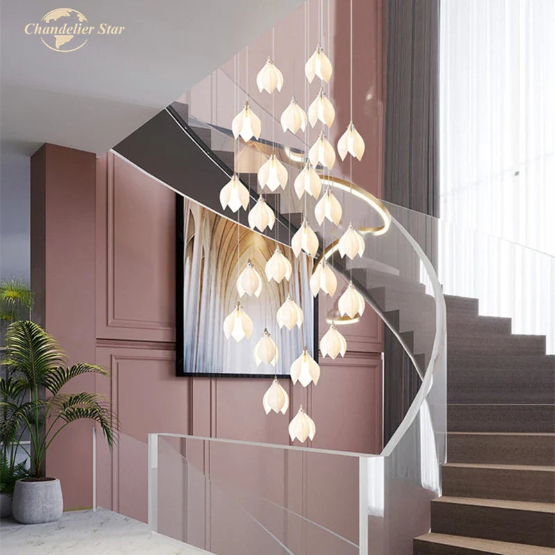 Afralia™ Ceramic Flower LED Chandelier | White Gold Pendant Light for Home Decor