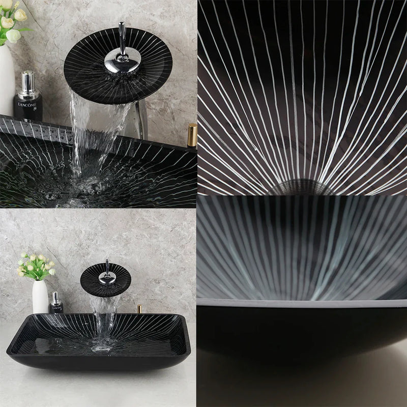 Afralia™ Black Glass Bathroom Sink Set with Hand Painted Design & Waterfall Faucet