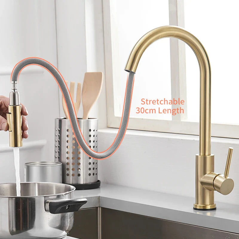 Afralia™ Brushed Gold Smart Sensor Kitchen Faucet, Dual Outlet, Single Handle
