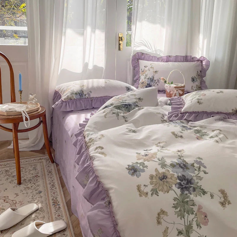 Afralia™ Gardenia Print Princess Bedding Set with Ruffles and Pillowcases