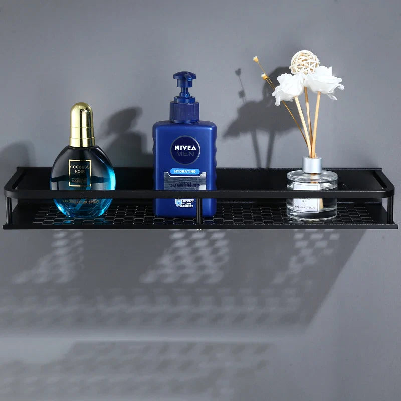Afralia™ Wall-Mounted Black Aluminum Shampoo Shelf - Square Storage Rack
