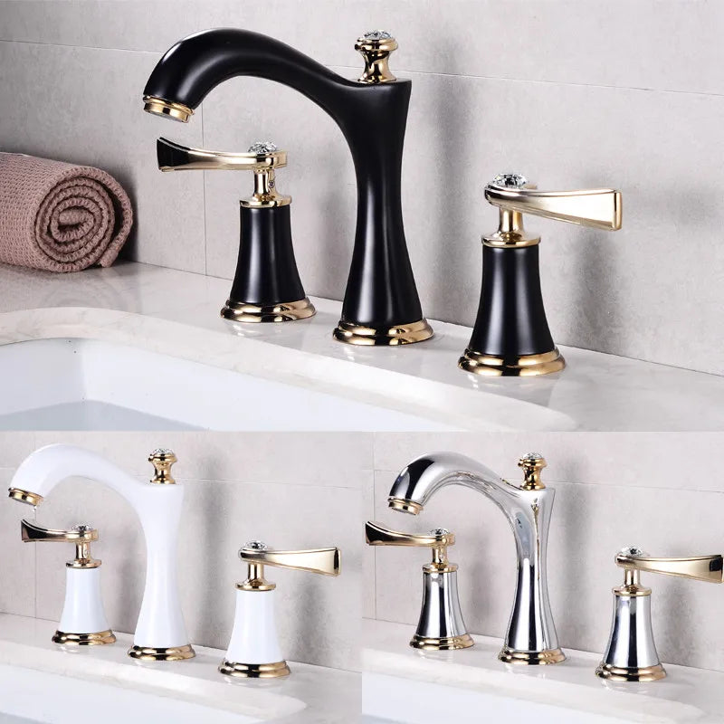 Afralia™ Black & Gold Brass Bathroom Sink Faucets Double Handle Waterfall Faucet