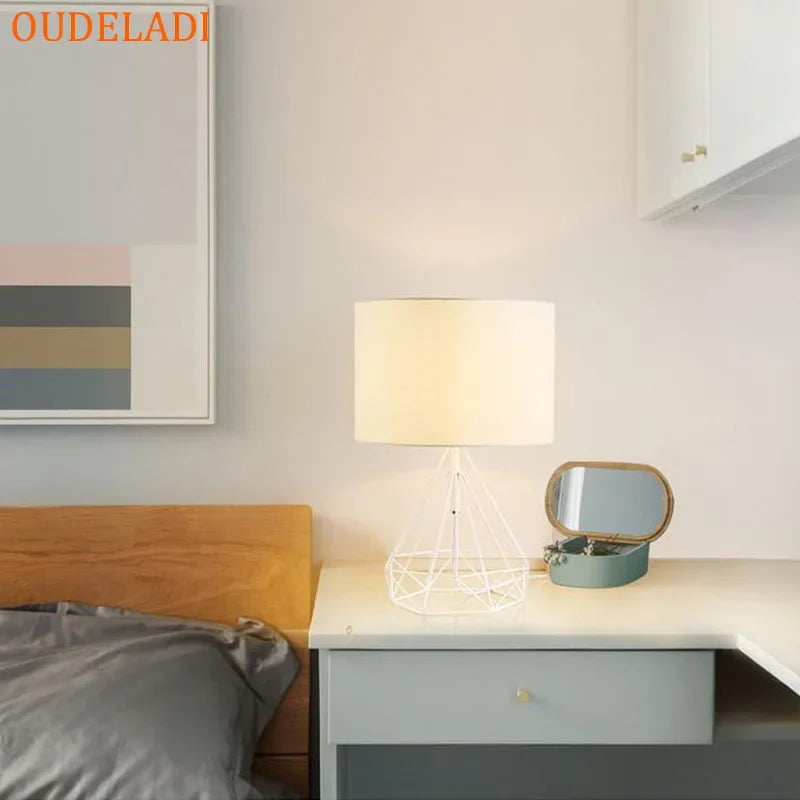 Afralia™ Geometric Gold Desk Lamp with Hollow Diamond Design and Cloth Shade