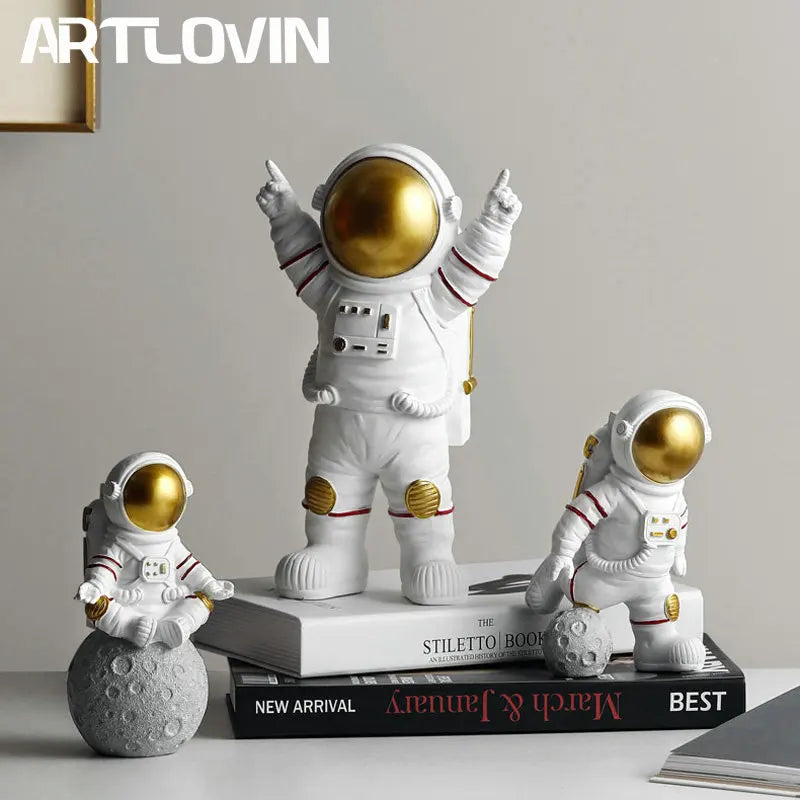Afralia™ Astronaut Figurine Abstract Sculpture Gold Color for Modern Home Decor