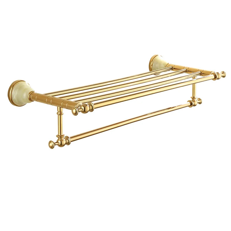 Afralia™ Gold Bathroom Accessories Set: Shelf, Towel Rack, Holder, Brush Holder, Bath Hardware