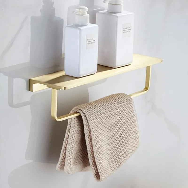 Afralia™ Total Brass Wall Mounted Bathroom Shelf in Brushed Gold Finish
