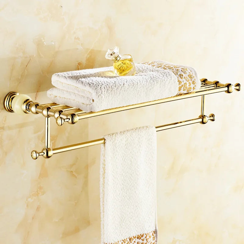 Afralia™ Brass Jade Bathroom Hardware Set: Corner Shelf, Paper Holder, Towel Bar, Soap Basket, Rack.