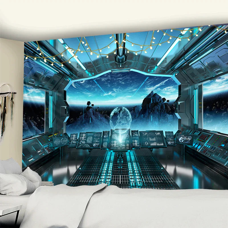Afralia™ Galaxy Alien Planet UFO Spacecraft Tapestry Wall Hanging Home Decor