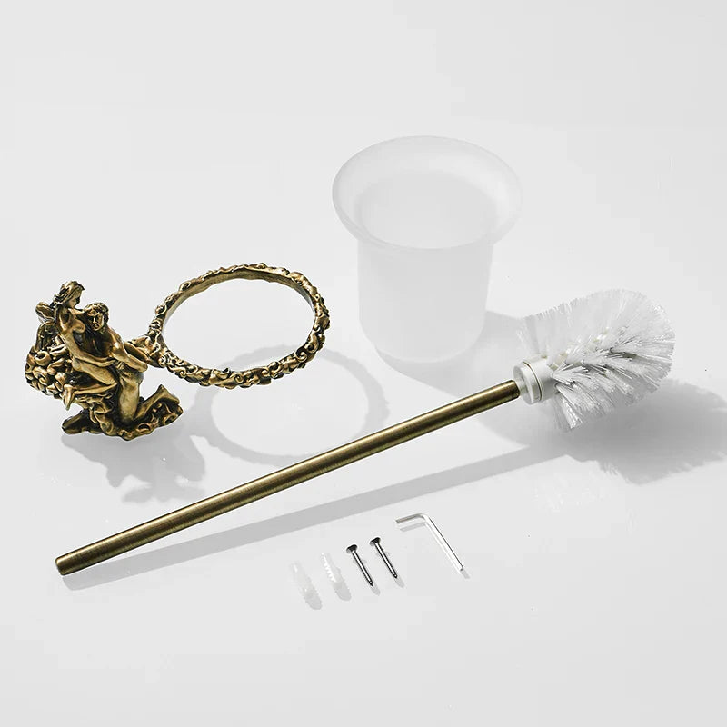 Afralia™ Gold/Silver Romantic Toilet Brush Holder Set with Glass Cup & Brass Handle