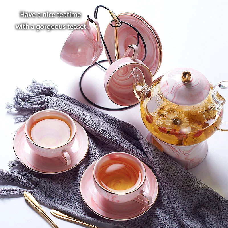 Afralia™ Nordic Marbling Porcelain Tea Set Tea Pot Teacup Coffee Cup Teaware Set