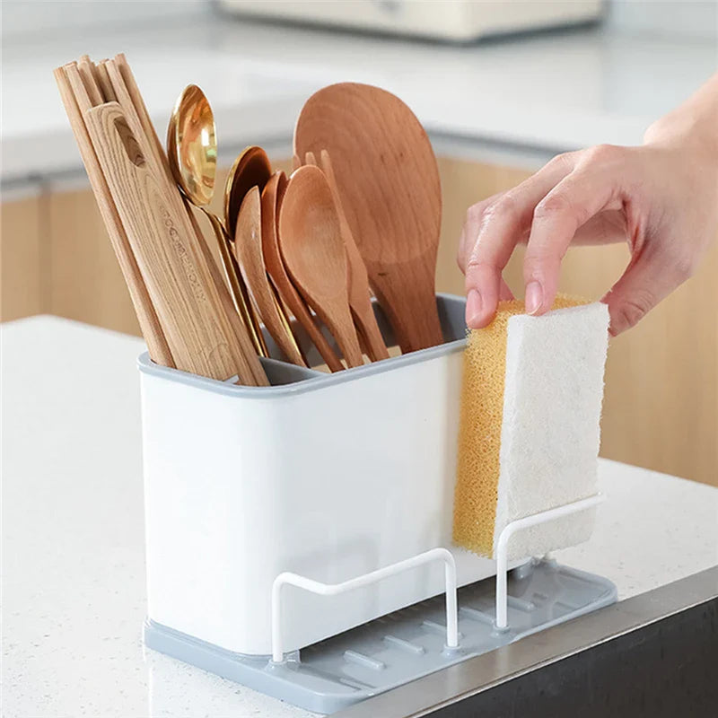 Afralia™ Double Grid Cutlery Organizer Drainer - Kitchen Utensil Holder and Sponge Rack