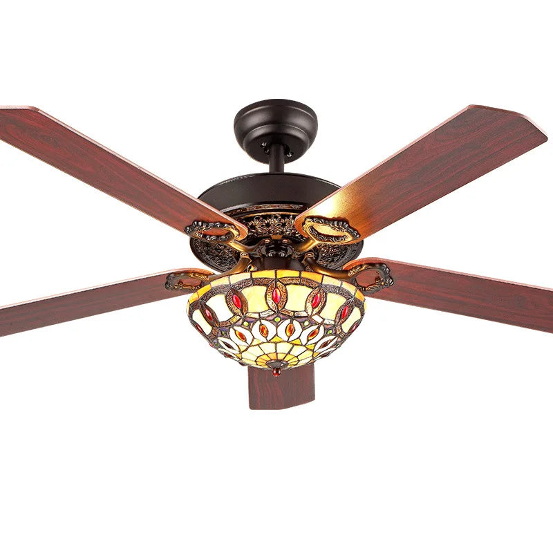 Afralia™ 52-inch Tiffany Ceiling Fan Light with Remote Control and Wood Leaf Design