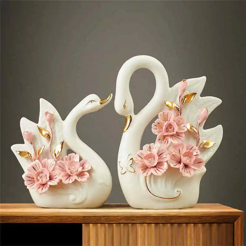 Afralia™ Elegant Swan Sculpture Figurines Pair for Home Décor & Wedding Gift