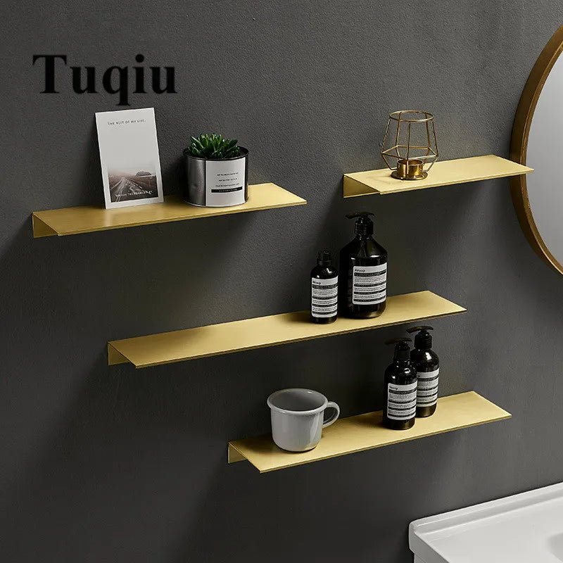 Afralia™ Brushed Gold Bathroom Shelf Wall Mounted Shampoo Holder Rack Aluminum Basket