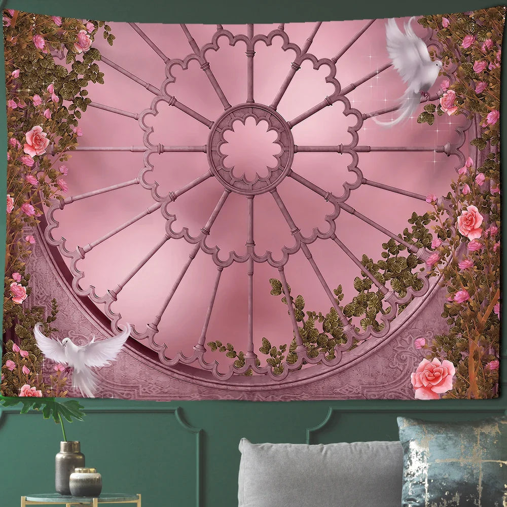 Afralia™ Court Woman Gothic Architecture Tapestry Wall Art with Rose Scenery & Pigeons