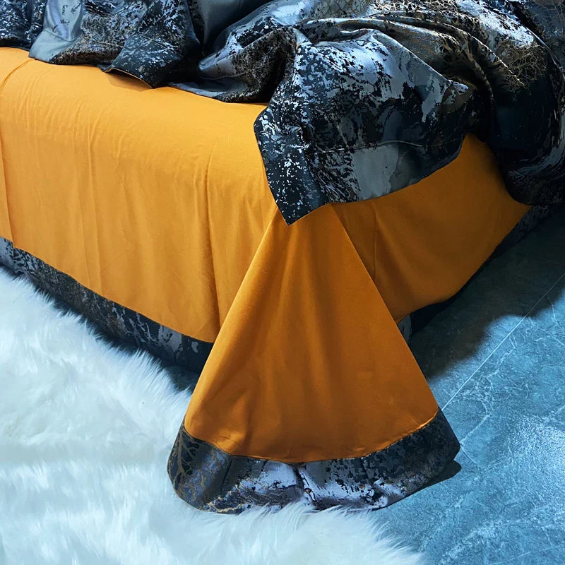 Afralia™ Black Gold Jacquard Egyptian Cotton Bedding Set, Satin Duvet Cover, Fitted Sheet Pillowcases