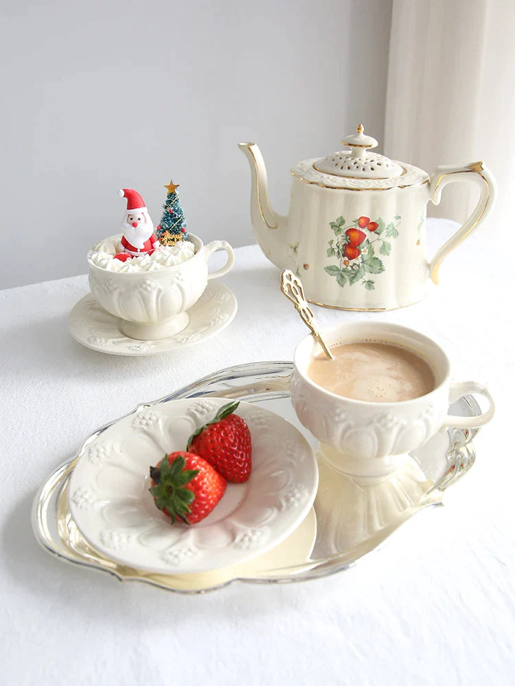 Afralia™ French Garden Cream Ceramic Tea Cup Saucer Set for Elegant Afternoon Tea