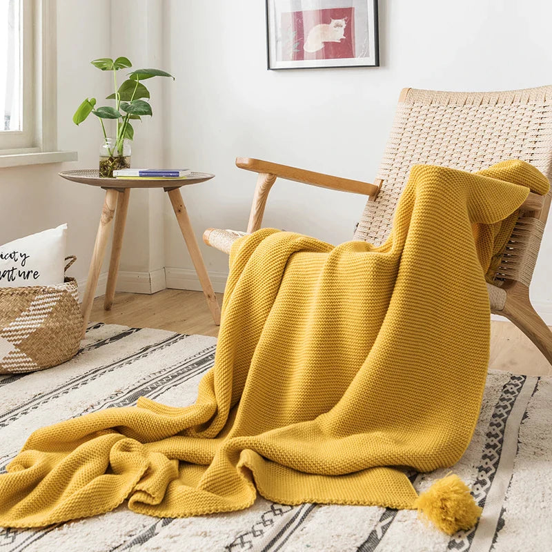 Afralia™ Knit PomPom Tassel Throw Blanket - Soft Yellow Blanket 50"x62"