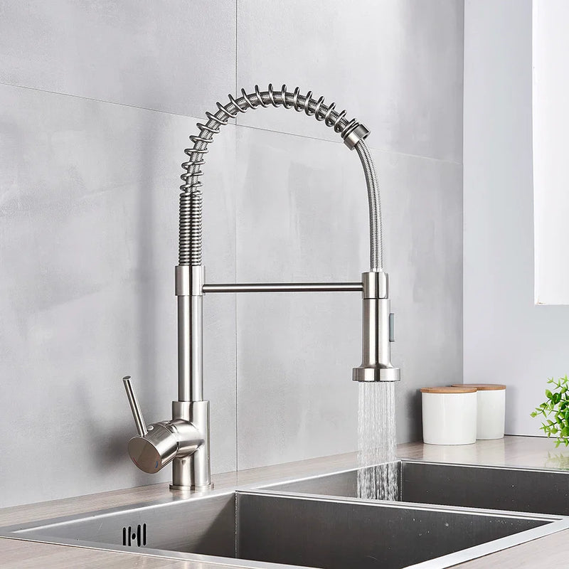 Afralia™ Brushed Nickel Pull Down Kitchen Faucet - 360° Rotation Hot Cold Water Mixer