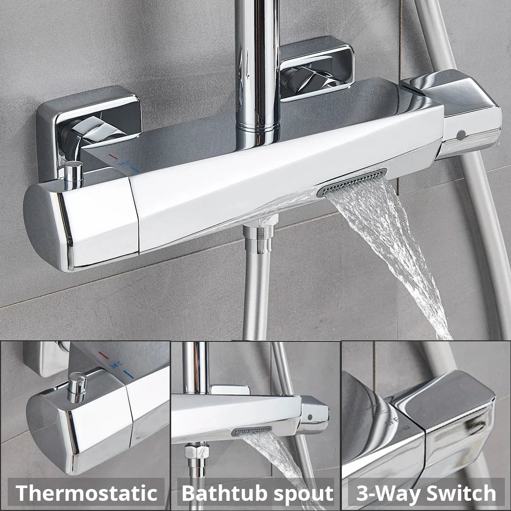 Afralia™ Chrome Thermostatic Shower Faucet Set with Rain Shower Head