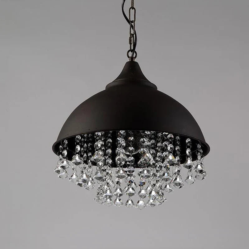 Afralia™ Industrial Black Iron Crystal Chandelier Vintage Pendant Ceiling Fixture for Restaurant, Cafe, Kitchen