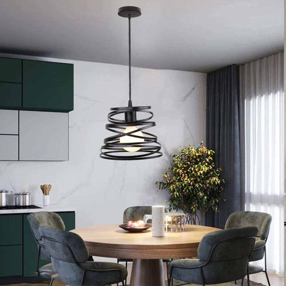 Afralia™ Swirl Spiral Pendant Light Black Iron Retro Loft Industrial Metal Cage Hanging Lamp
