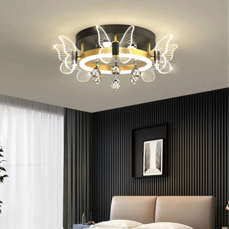 Afralia™ Elegant Butterfly Flower Crystal Ceiling Lamp for Romantic Home Decor