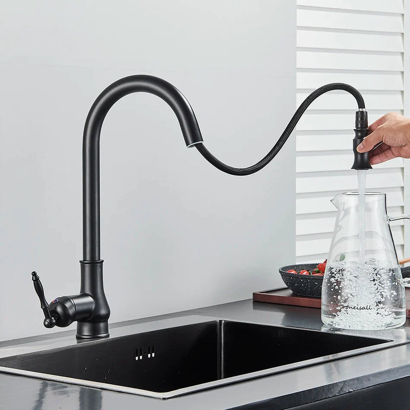 Afralia™ Matte Black Kitchen Faucet Pull Out Single Handle Mixer Tap 360 Rotation