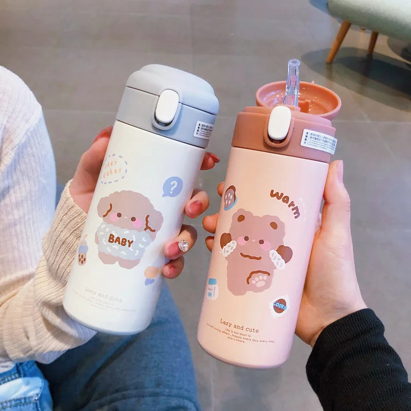Afralia™ Cute Insulated Straw Cup Thermal Water Bottle Stainless Steel Vacuum Flask