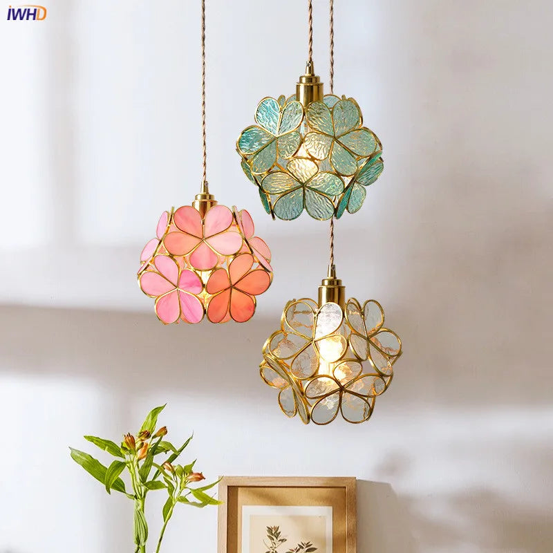 Afralia™ Nordic Flower Copper Glass LED Pendant Light for Bedroom Dinning Living Room