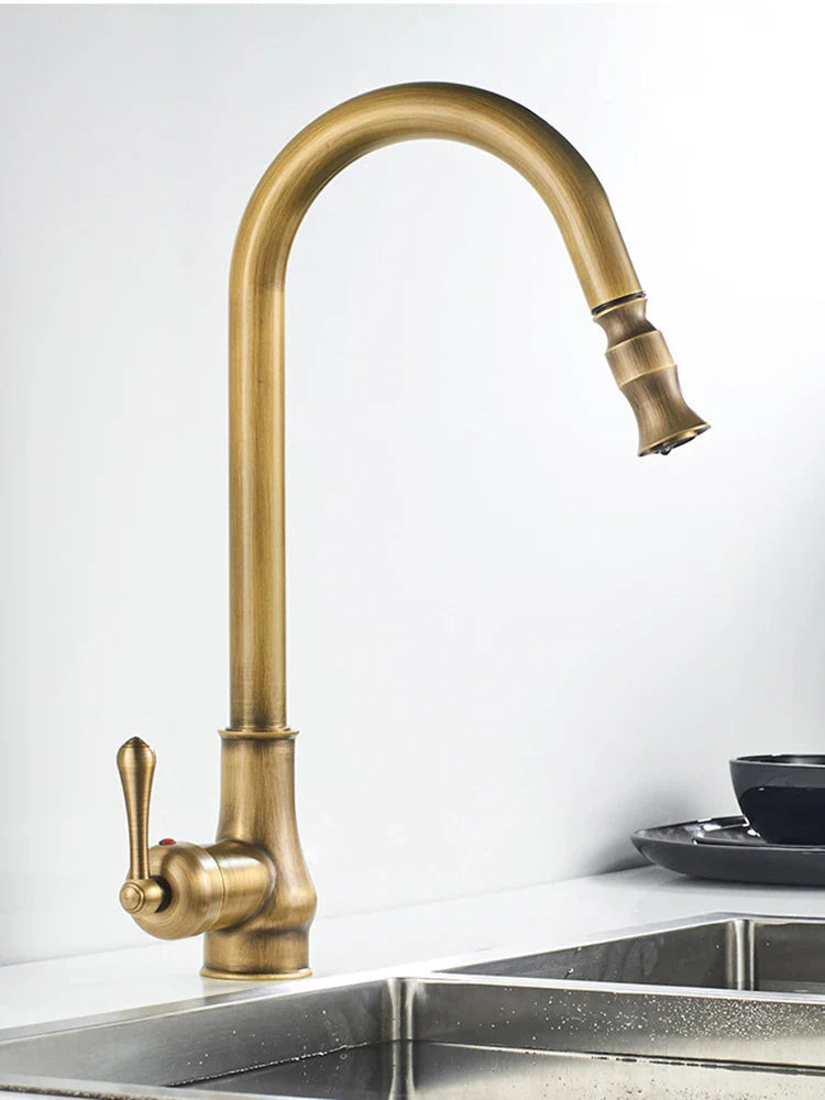 Afralia™ Antique Brass Kitchen Faucet Swivel Spout Pull Down Hot Cold Mixer