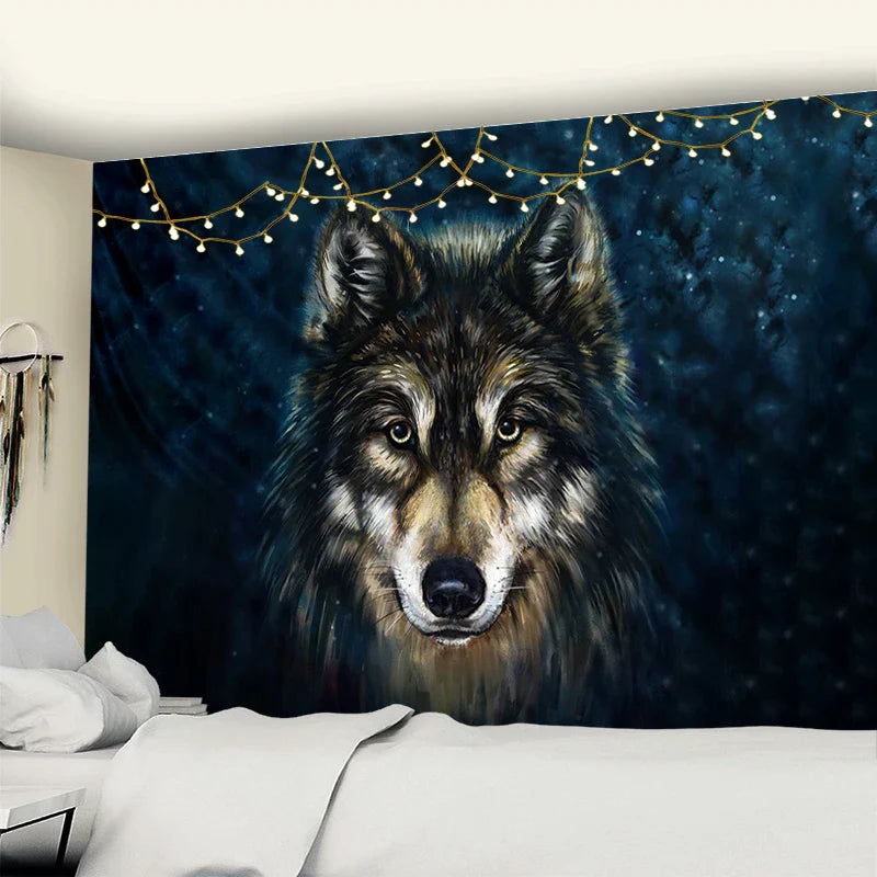 Afralia™ Wolf's Gaze Tribal Animals Tapestry Wall Hanging for Home Decor