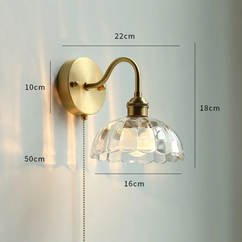 Afralia™ Glass Copper LED Wall Lights with Pull Chain Switch for Home Bedroom Bathroom Mirror