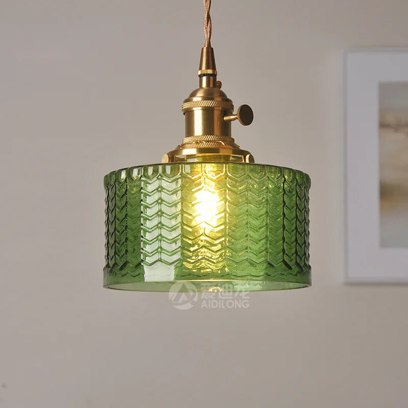 Afralia™ Modern Green Glass Hanging Lamp Copper Knob Switch LED Pendant Light Suite