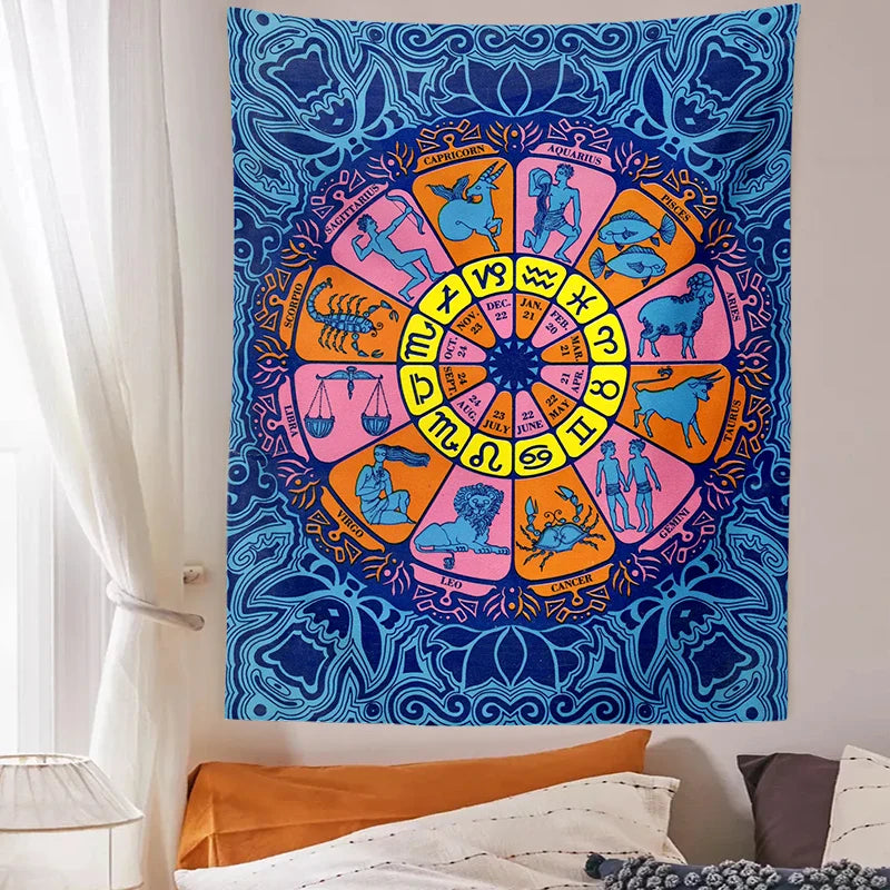 Afralia™ Zodiac Wheel Tarot Tapestry: Hippie Boho Wall Art for Astrology & Witchcraft