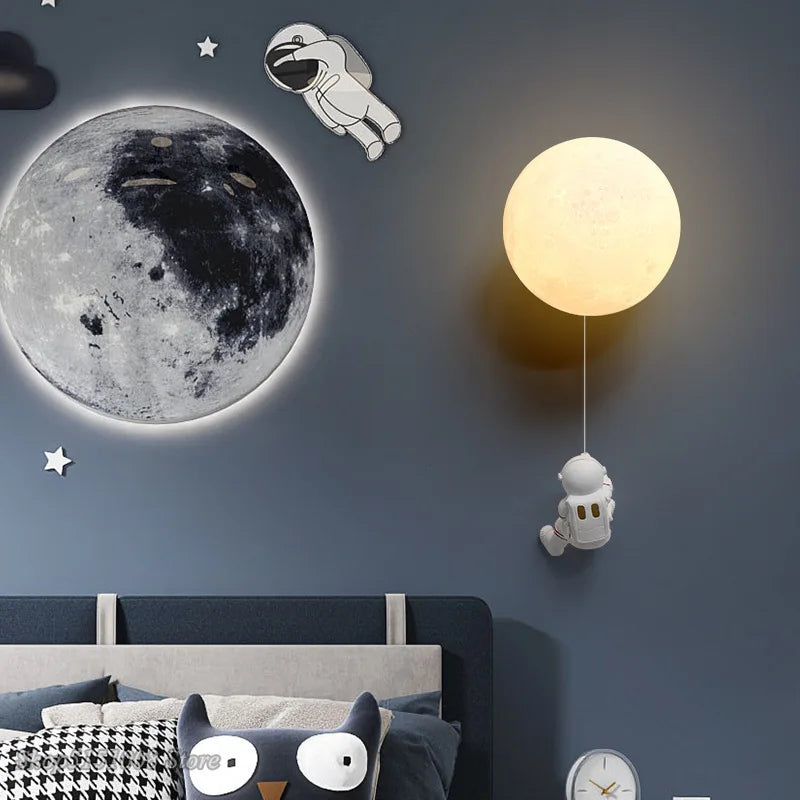 Afralia™ Astronaut Moon Wall Lamp: Creative 3D Printing Light for Kids' Bedroom.