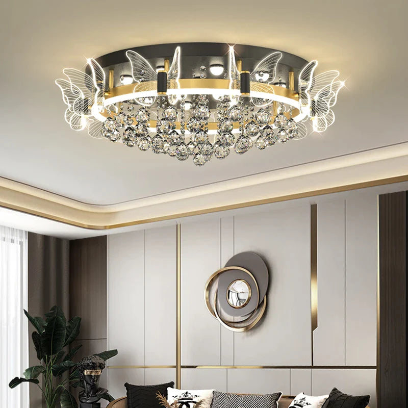 Afralia™ Elegant Butterfly Flower Crystal Ceiling Lamp for Romantic Home Decor