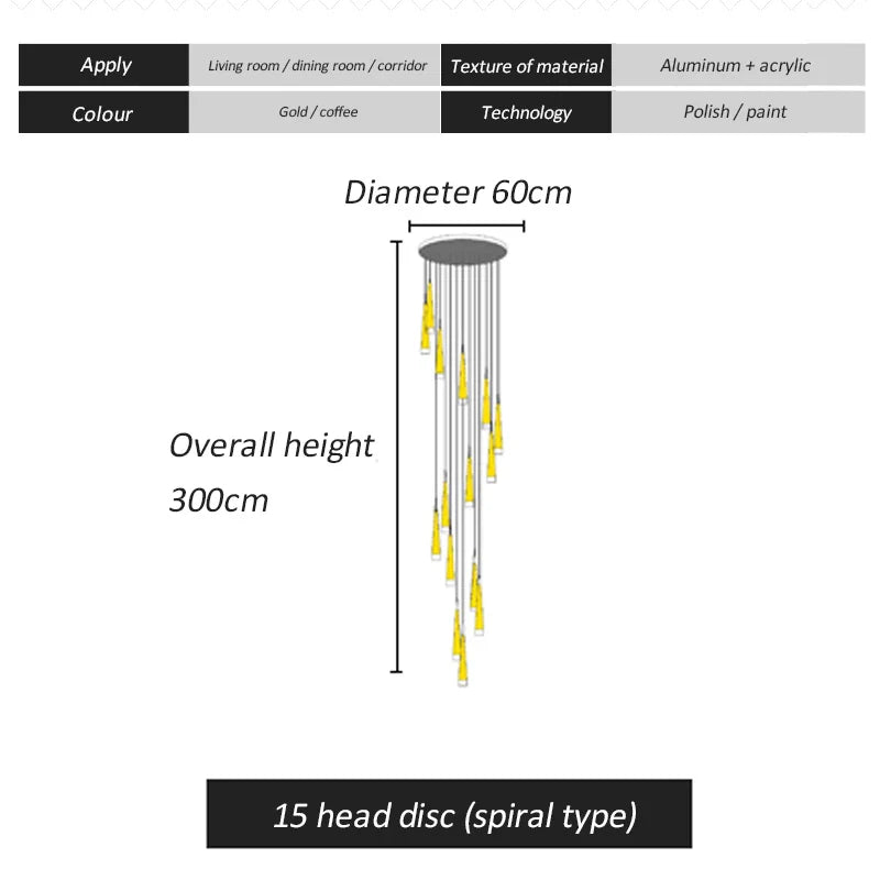 Afralia™ LED Spiral Chandelier Black Chrome Gold Pendant Light Modern Stairwell Lighting