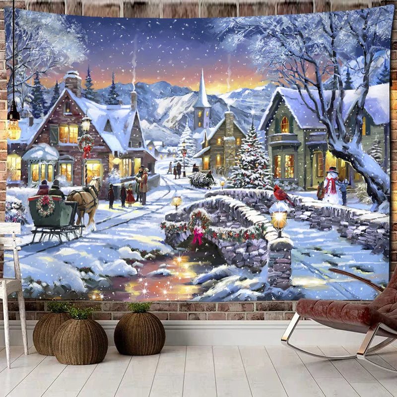 Afralia™ Christmas Woods Snow Scene Tapestry Wall Hanging - Elk Bohemian Style Bed Curtain Home Decor