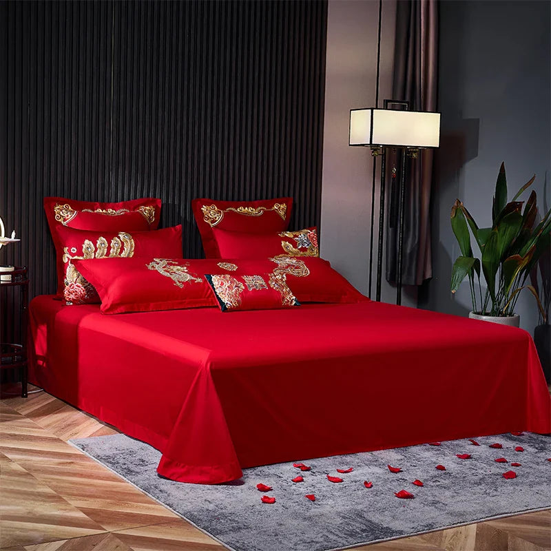 Afralia™ Red Chinese Wedding Style Bedding Set with Gold Loong Phoenix Embroidery
