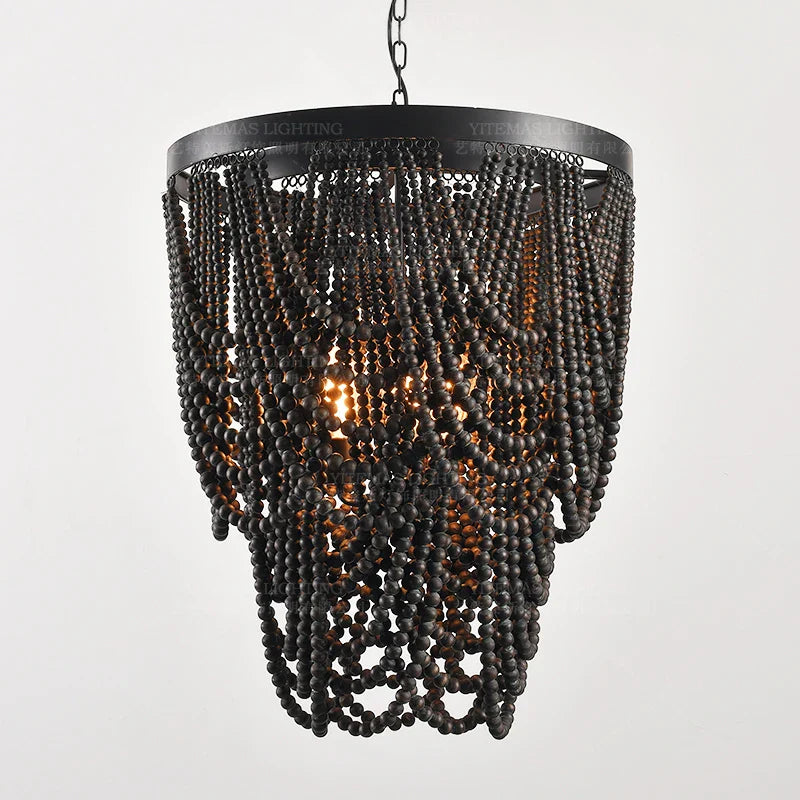 Afralia™ Black Wood Beaded Pendant Chandelier - Antique Nordic Lighting for Foyer, Dining, Bedroom