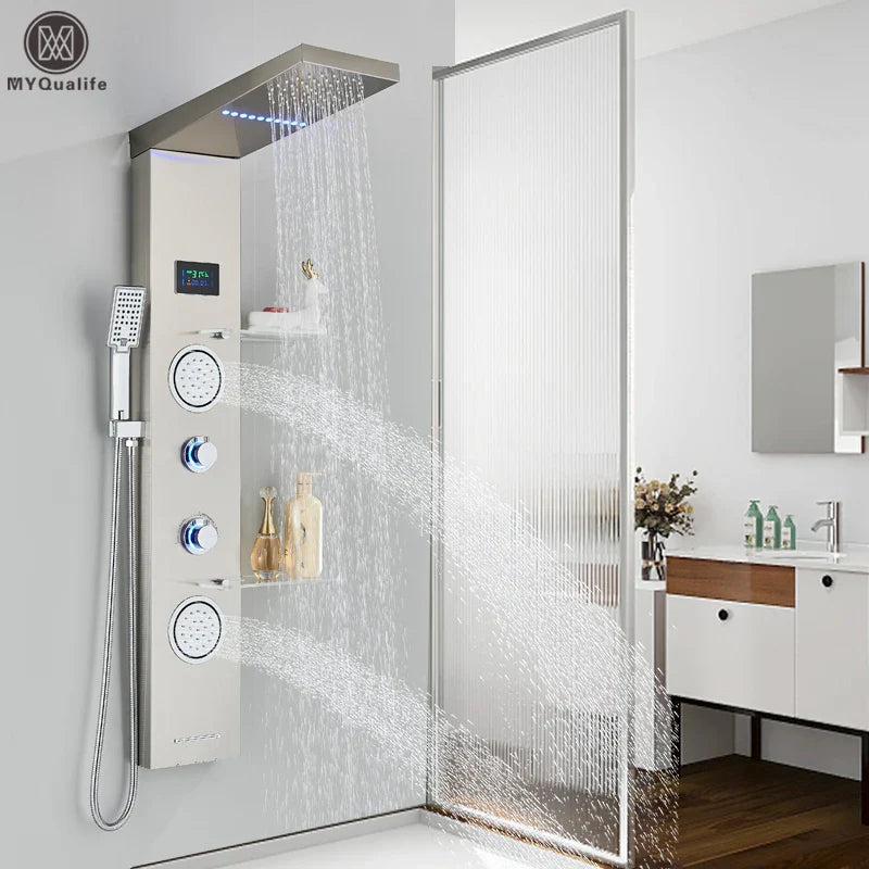 Afralia™ Brushed LED Light Shower Faucet SPA Massage Shower Column Waterfall Panel