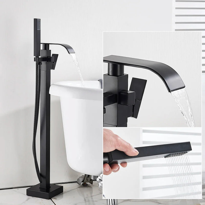 Afralia™ Black Floor Mounted Bathtub Faucet Set with Waterfall Mixer Tap