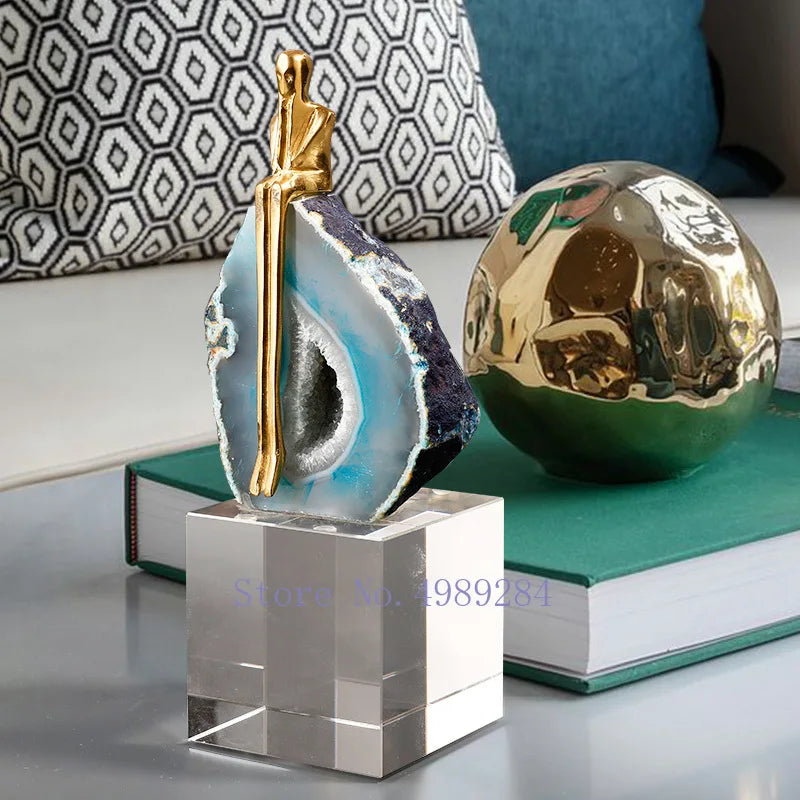 Afralia™ Agate Crystal Golden Sculpture - Modern Home Decor Ornament
