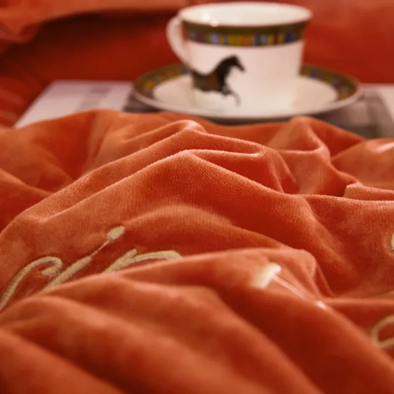 Afralia™ Velvet Bedding Set with Gold Embroidery & Ruffles